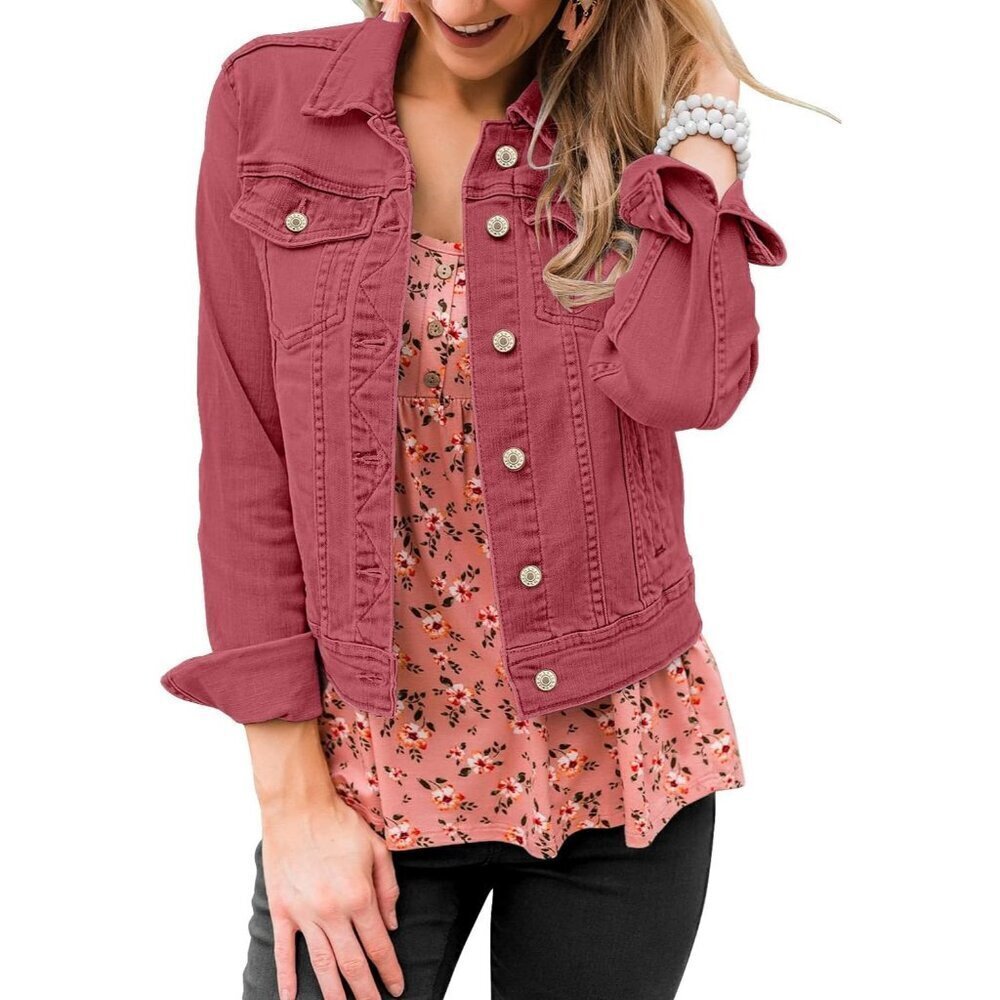 Women's Basic Long Sleeves Button Down Fitted Denim Jean Jacket Baked Apple